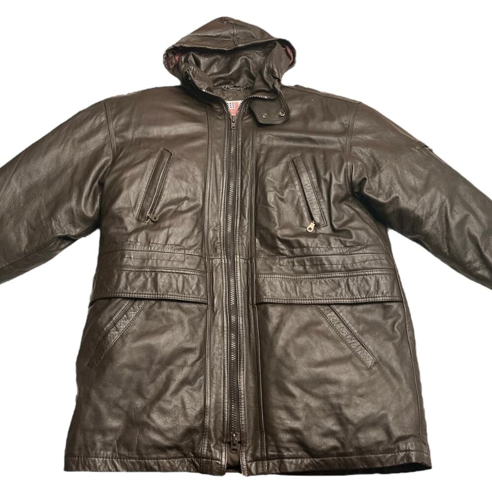 Vintage All American Men's Brown Leather Down Long Hooded Zip Coat Size Large